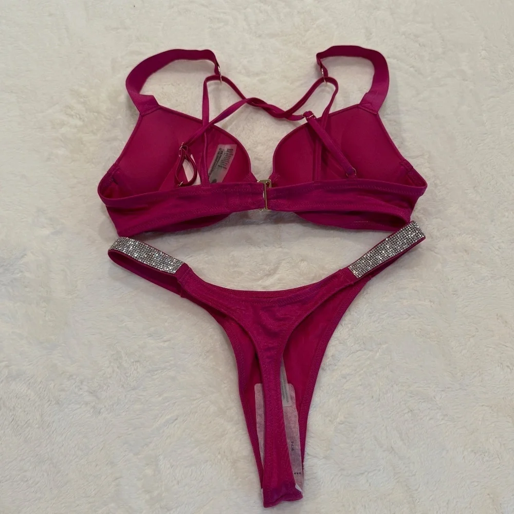 New! Set! Victoria's Secret Shine Strap Bikini Set Berry Blush Pink 45604 - Picture 8 of 13